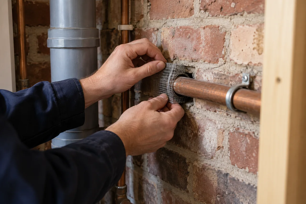 Gloved hands fitting mesh around a pipe entry