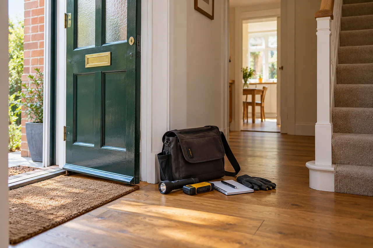 Inspection bag beside the open doorway of a British terrace home