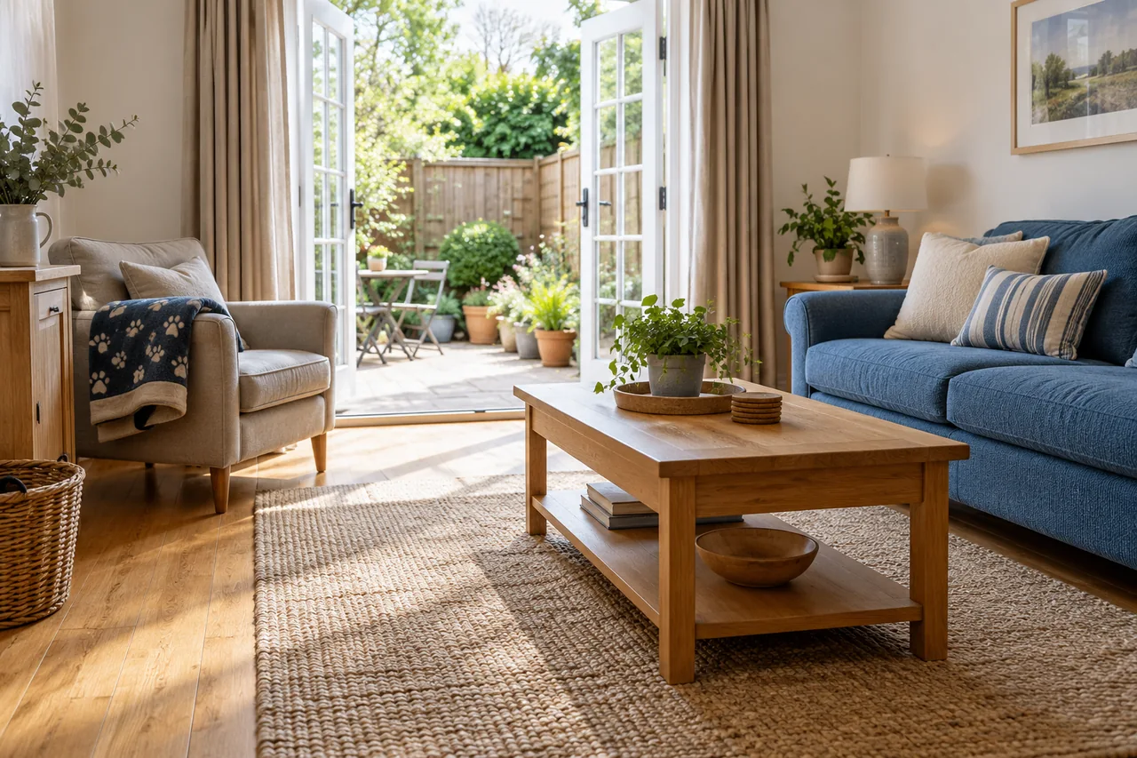 Clear access through a sitting room to a small garden