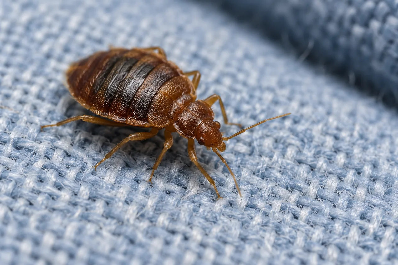 Bed bug on pale blue fabric