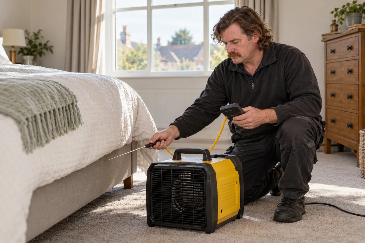 Illustrative specialist assessing bed bug heat treatment in a British property