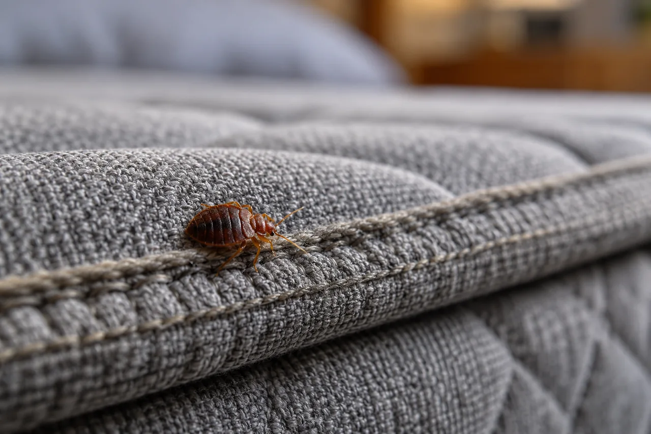Bed bug beside mattress seam stitching