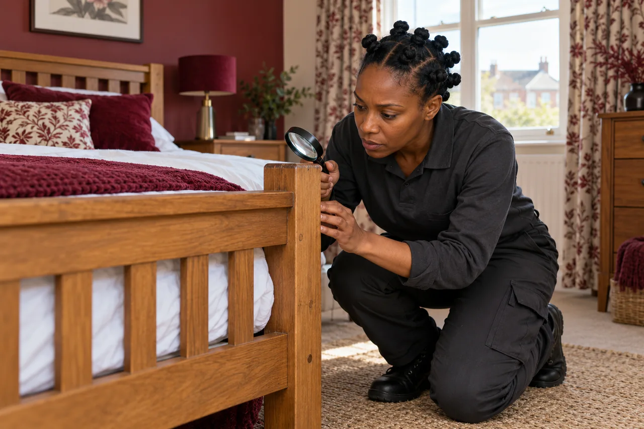 Illustrative specialist assessing bed bug treatment in a British property