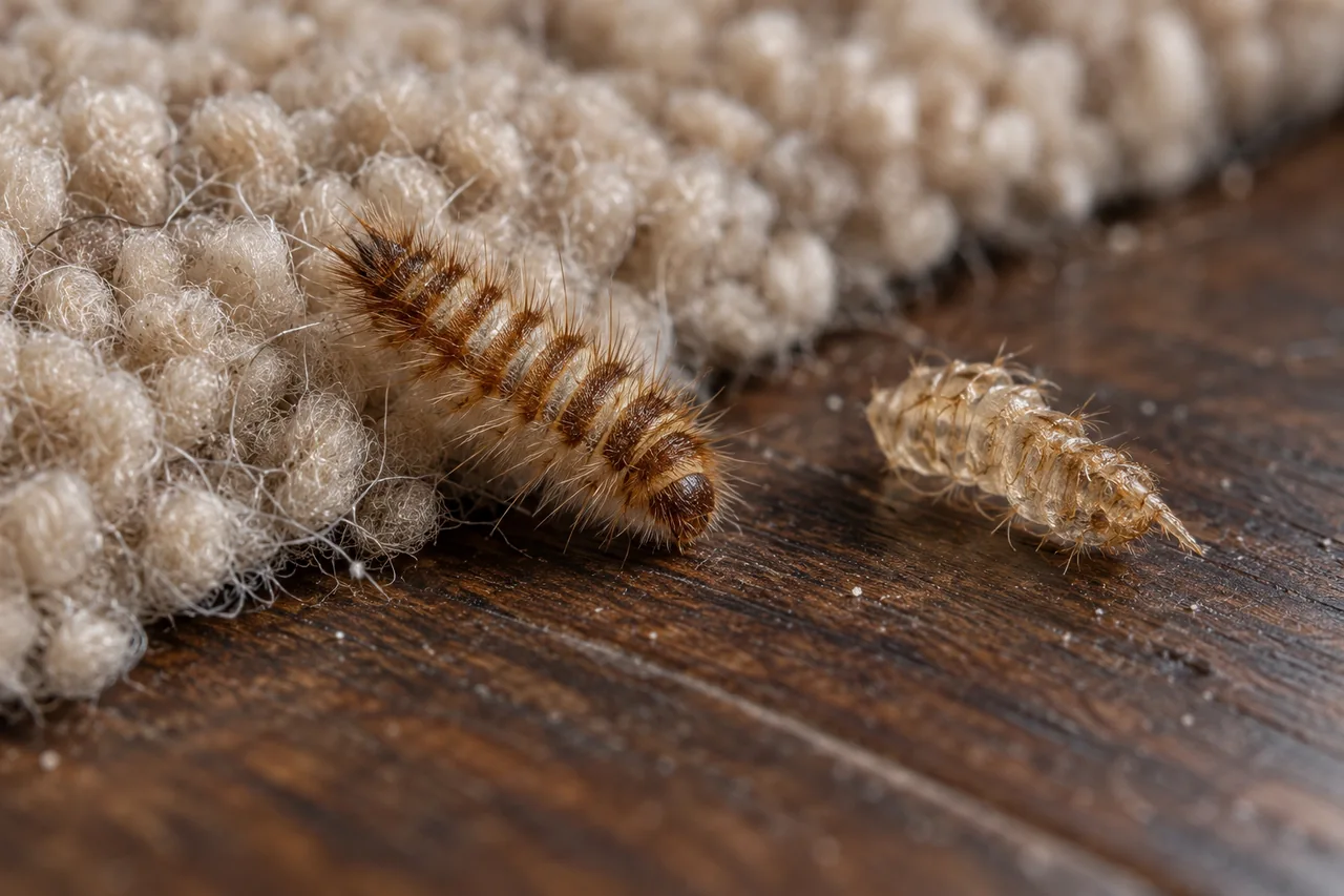 Carpet beetle larva and shed skin