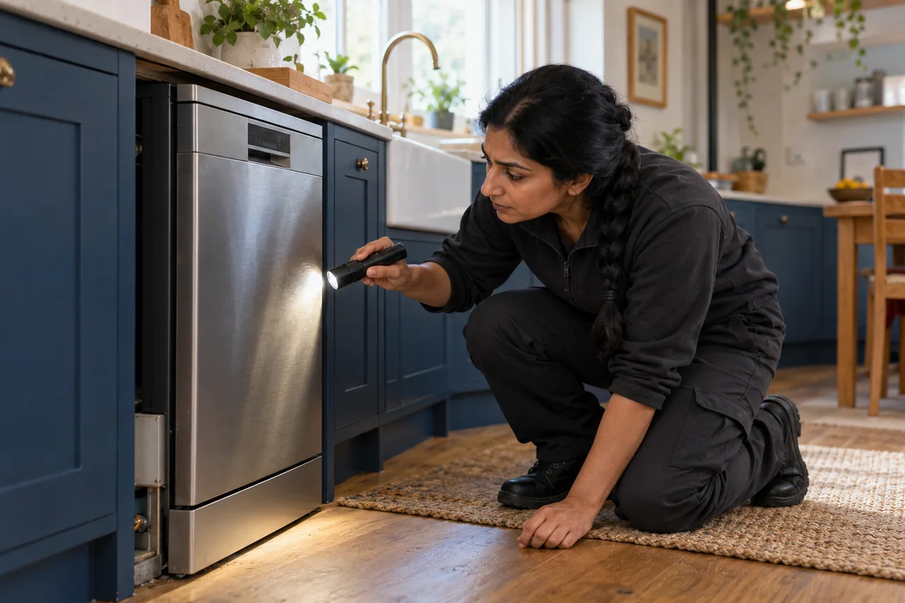 Illustrative specialist assessing cockroach treatment in a British property