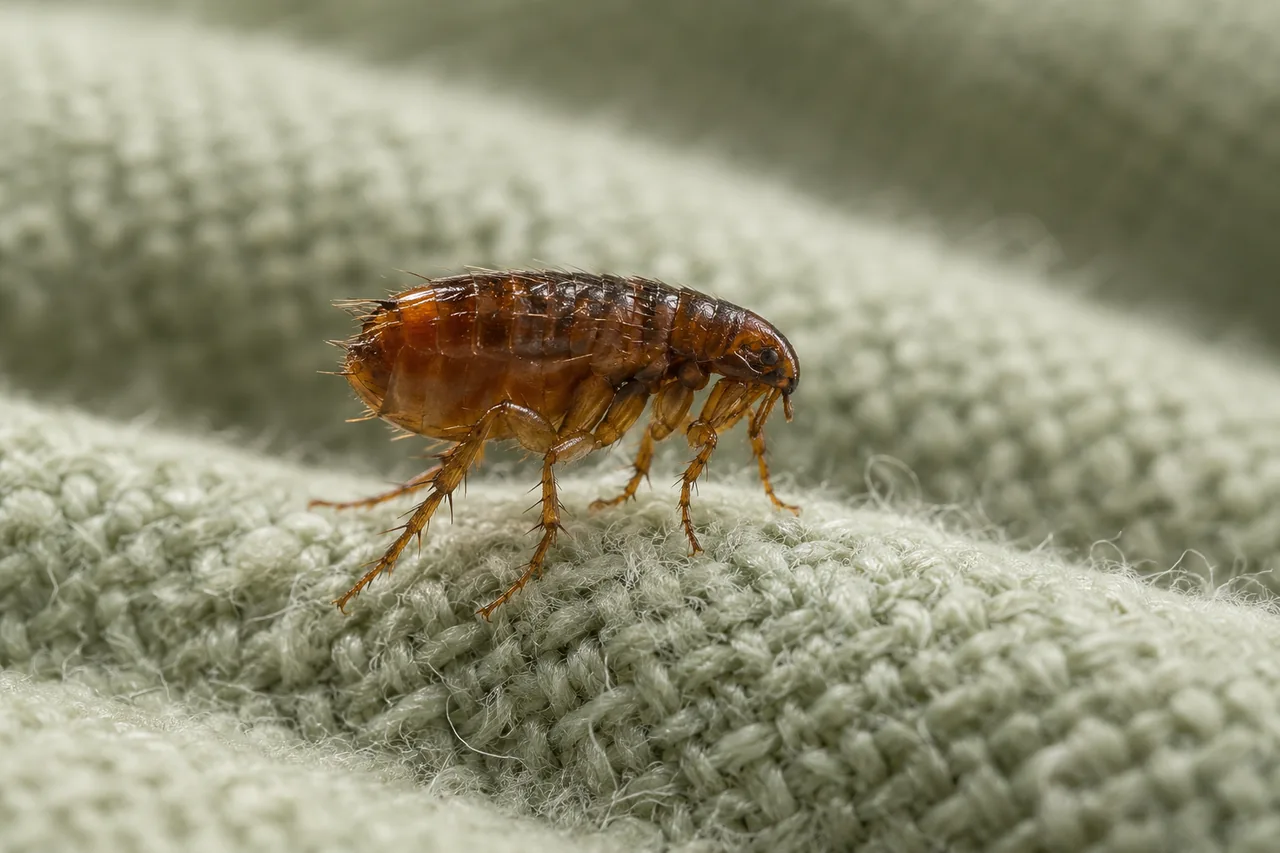 Flea on pale green cotton