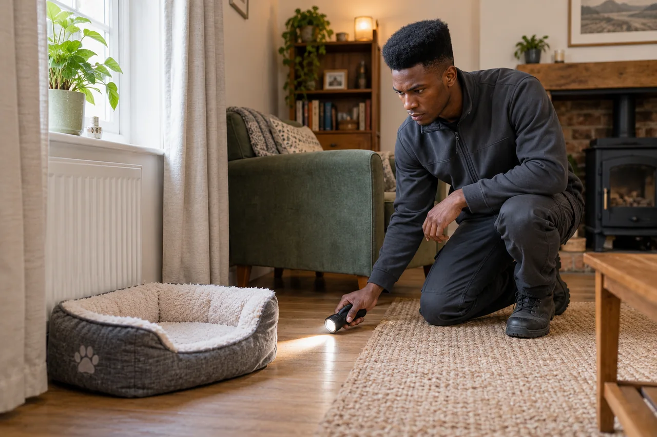 Illustrative specialist assessing flea treatment in a British property