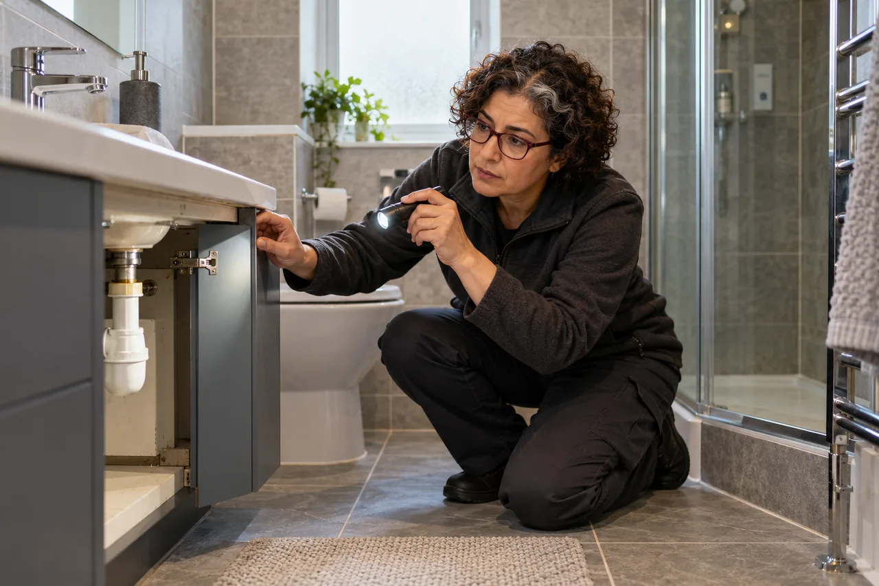 Illustrative specialist assessing silverfish control in a British property